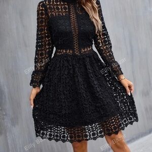 Eilly Bazar Mock Neck Lace Flounce Sleeve Mesh Insert Dress
